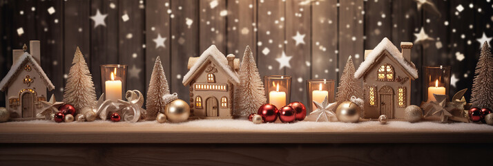 Weihnachtliches Dekobanner mit Weihnachtshäuser, Weihnachtskugeln, Hintergrund Illustration