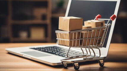 Small shopping cart standing in front of laptop, online shopping concept, plush box, paper bag, laptop, smartphone, credit card - obrazy, fototapety, plakaty