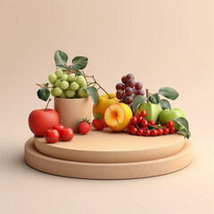 Round wooden podium with colorful fresh fruits and vegetables, minimal studio background for product showcase and healthy lifestyle concept, AI generated.