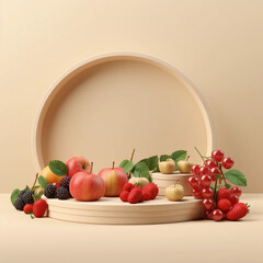 Round wooden podium with colorful fresh fruits and vegetables, minimal studio background for product showcase and healthy lifestyle concept, AI generated.
