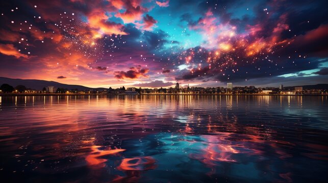 Fireworks reflecting in a serene lake creating , Background Image,Desktop Wallpaper Backgrounds, HD
