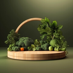 Round wooden podium with colorful fresh fruits and vegetables, minimal studio background for product showcase and healthy lifestyle concept, AI generated.