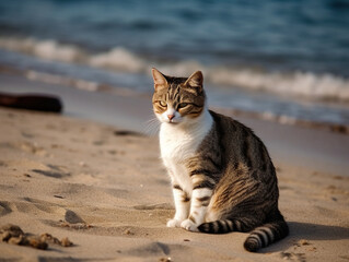 A beautiful gray and white cat sits on a sandy beach on the seashore on a summer sunny day. Holiday concept with animals. Generative AI