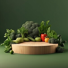 Round wooden podium with colorful fresh fruits and vegetables, minimal studio background for product showcase and healthy lifestyle concept, AI generated.