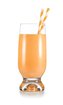 Fresh fruit smoothie in tall glass with paper drinking straws isolated on white background.Studio shot of detox drink.
