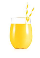 Closeup of pineapple juice glass with paper drinking straws isolated on white background. Real studio shot.