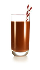 Tall glass of dark chocolate milk with drinking straws isolated on white background. Real studio shot.