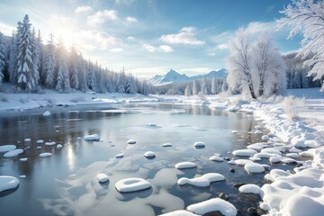 Snow Mountain in the winter with cold frost Glacier and blue sky, frozen lake and snowflake on pine in alps mount