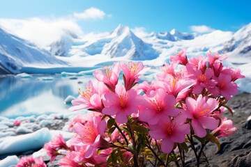 Flowers bloom in Antarctica. Climate changes. Melting glacier. Global changes on the planet.