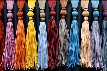 Delicated tassels in a mesmerizing display of colorful, patterned beauty hanging and isolated
