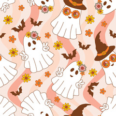 seamless pattern with ghost, bat, flowers - 659498543