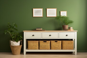 Wooden chest of drawers in green interior with plants. 3d render