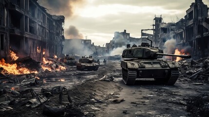 damaged tanks from battle, explosions, fires, deserted city backgrounds - obrazy, fototapety, plakaty
