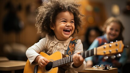 Kid play music instrument, child joy and laughter while playing guitar