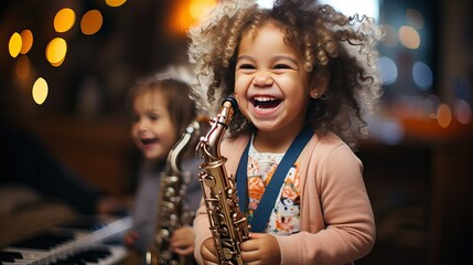 Kid play music instrument, child joy and laughter while playing saxophone - obrazy, fototapety, plakaty
