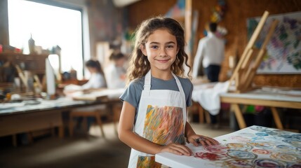 10-year-old girl with brown wavy hair and dark eyes, attending a painting class. She wears a blue t-shirt and a white apron in his hand. Image generated with AI.