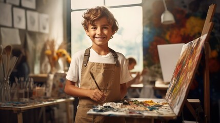 10-year-old boy with brown hair and dark eyes, attending a painting class. He wears a white t-shirt and a brown apron and holds a paitbrush in his hand. Image generated with AI.