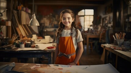 Smiling 10 year old girl with wavy brown hair taking art classes in a painting studio. She wears an orange apron. Image generated with AI