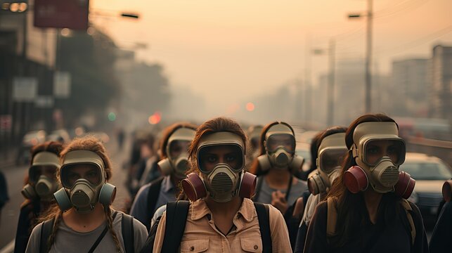 Crowd of people wearing gas mask, protesting against pollution