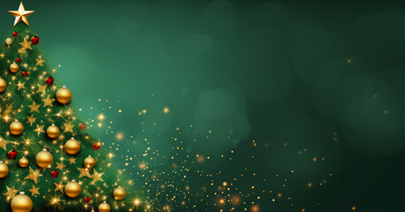 Christmas tree decoration with glitter stuff and gold star on top, green color background , banner backdrop with copyspace, Generative AI.