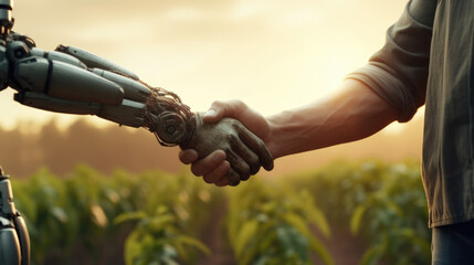 Male robot and farmer human holding hands with handshake. Deep machine learning with artificial intelligence technology, generative ai