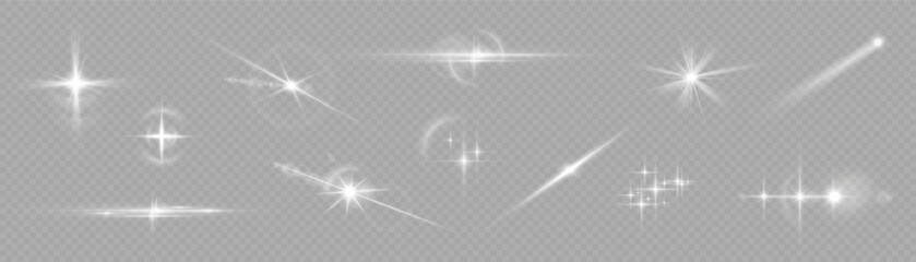 White sparks and golden stars shine with special light. Vector sparkles on a transparent background. Sparkling magical dust particles. Flash sunlight sparck. Glow sparkle effect. Abstract lens flare