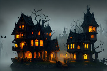 Haunted Halloween Village by Misty River. AI Generative Illustration.