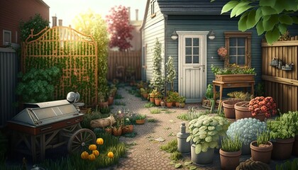 wooden shed backyard gardening vegetables, green flora, farmlife design illustration