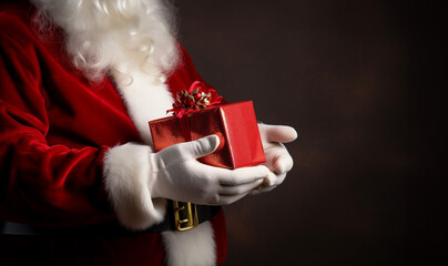 Christmas concept. Close up photo of Santa Claus hand holding a gift. Happy New Year, Merry Christmas, Celebration concept Sparkling present box with copy space