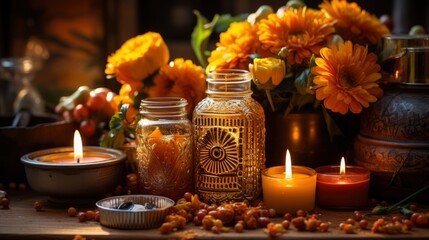 Obraz na płótnie Canvas A humble altar adorned with marigolds and candles , Background Image,Desktop Wallpaper Backgrounds, HD