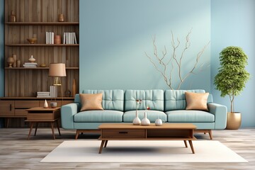 Interior of living room with blue sofa 3d rendering - obrazy, fototapety, plakaty
