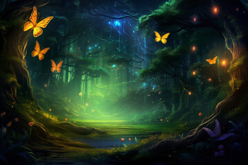Fireflies and butterflies fluttering in the night fantasy magical forest. Fairy tale concept, neon lights, 3d rendering elements - obrazy, fototapety, plakaty