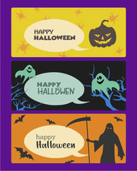 Premium set of happy halloween banner template with pumpkin, ghost and grim reaper character. Spooky halloween background