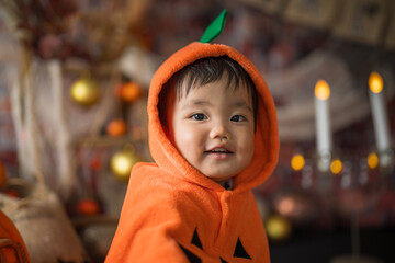 10月にハロウィンのフォトセットに囲まれて楽しそうな笑顔を見せる生後11か月の赤ちゃん