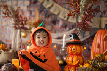10月にハロウィンのフォトセットに囲まれて楽しそうな笑顔を見せる生後11か月の赤ちゃん