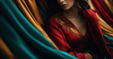 a close up of a woman wearing a red robe, wearing ornate silk cloth
