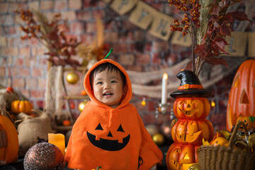 10月にハロウィンのフォトセットに囲まれて楽しそうな笑顔を見せる生後11か月の赤ちゃん
