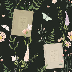 Romantic seamless pattern with flowers and books - 659501348