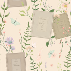 Romantic seamless pattern with flowers and books