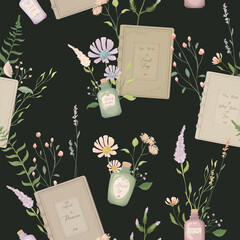 Seamless pattern with flowers, books and magic bottles - 659501514