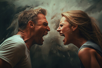 A man and a woman are shouting at each other. Problems in the couple's relationship.