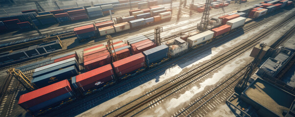 View of railway tracks in container cargo warehouse for transportation. Many freight trains at the train station. generative ai - obrazy, fototapety, plakaty