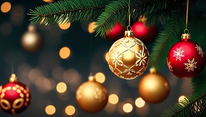 christmas tree decorations, concept art, copy space, Ornaments and Defocused Lights Background