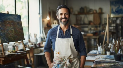 Smiling, bearded 35-year-old man taking art classes in a painting studio. He wears a blue shirt and a white apron. Image generated with AI