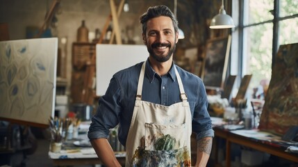 
Sexy, bearded 35 year old man taking art classes in a painting studio. He wears a blue shirt and a white apron. Image generated with AI. - Powered by Adobe