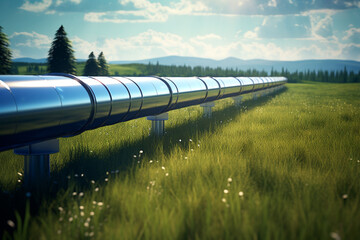 hydrogen pipeline in grass field highlighting eco-friendly, carbon-neutral and secure energy alternatives replacing residential natural gas made with Generative AI