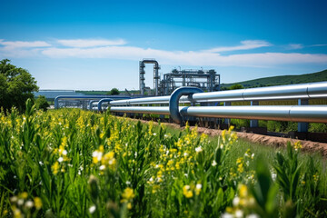 hydrogen pipeline in grass field highlighting eco-friendly, carbon-neutral and secure energy alternatives replacing residential natural gas made with Generative AI - obrazy, fototapety, plakaty