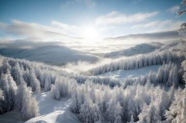 Snow Mountain in the winter with cold frost Glacier and blue sky, frozen lake and snowflake on pine in alps mount