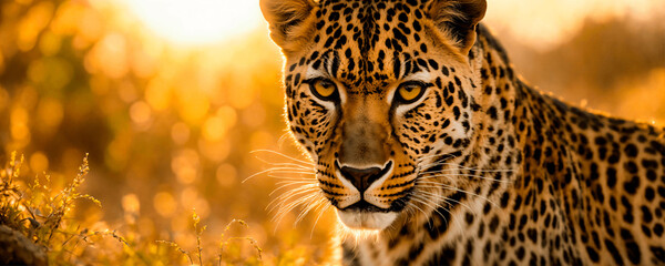 Portrait of a leopard in the savanna during sunset. African wildlife in banner format.