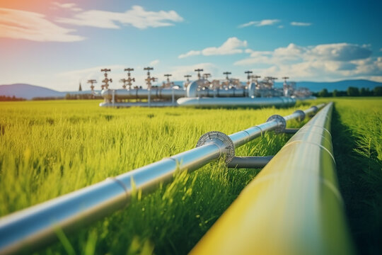 hydrogen pipeline in grass field highlighting eco-friendly, carbon-neutral and secure energy alternatives replacing residential natural gas made with Generative AI
